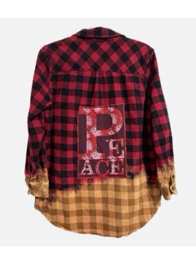 Upcycled Plaid Flannel Shirt with Peace Graphic